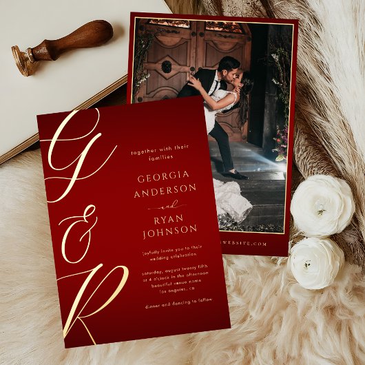 Oversized Monogram Crimson Rood Goud Bruiloft Folie Uitnodiging