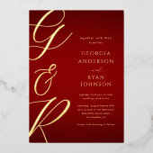 Oversized Monogram Dieprood Goud Bruiloft Folie Uitnodiging (Voorkant)