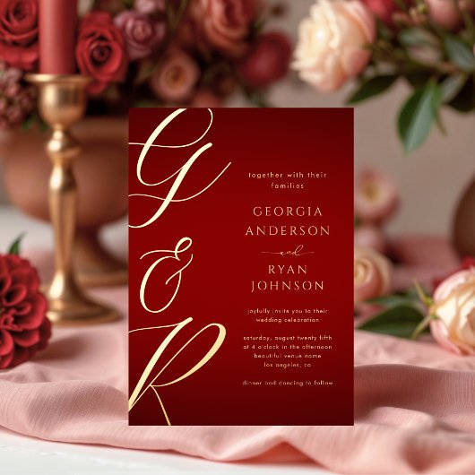 Oversized Monogram Dieprood Goud Bruiloft Folie Uitnodiging