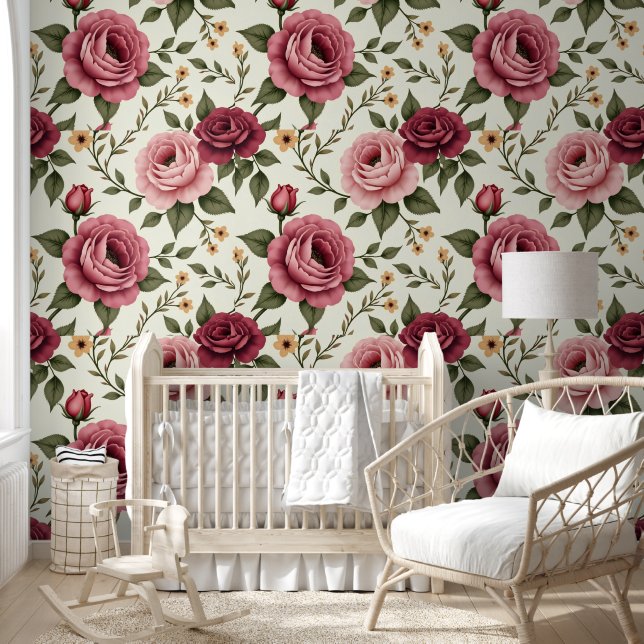 Oversized Rozen met roze en bordeauxrood Behang (Kinderen)