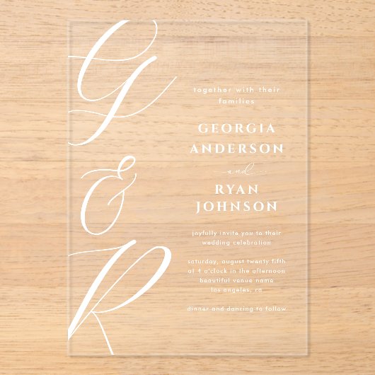 Oversized scriptmonogram transparant acryl uitnodigingen (Voorkant)