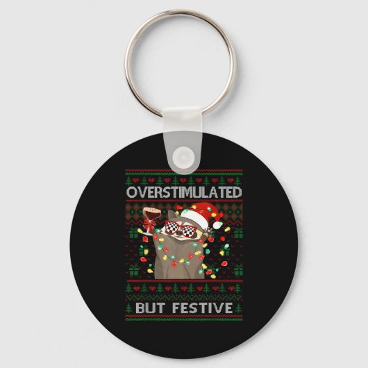 Overstimulated But Festive Raccoon Ugly Sweater Ch Sleutelhanger (Voorkant)