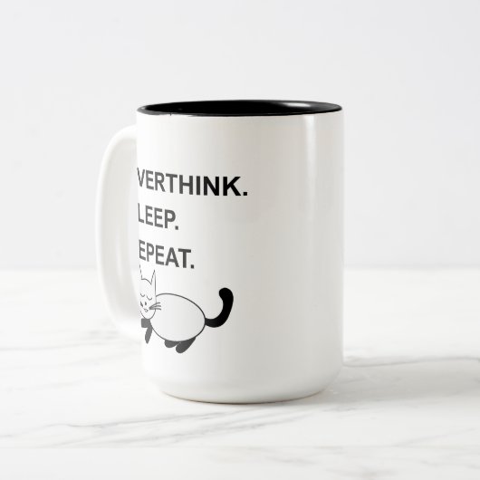 Overthink Sleep Repeat Slapen Kat Tweekleurige Koffiemok (Voorkant links)