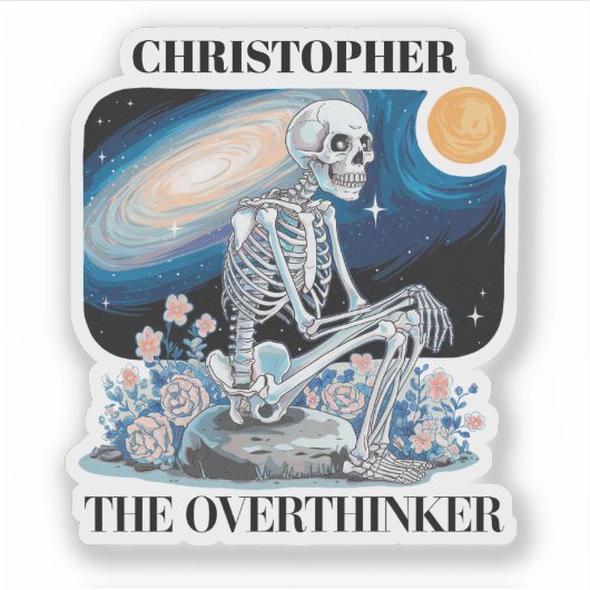 Overthinker Skeleton Custom Name Vinyl Sticker (Voorkant)
