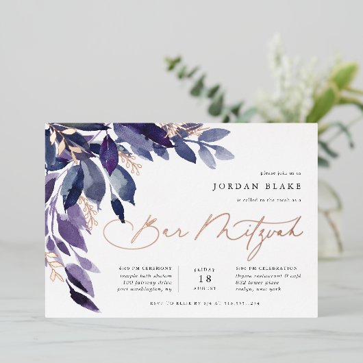 Overvloedig gebladerte | Violet Botanische Bar Mit Folie Uitnodiging (Staand Voorkant)
