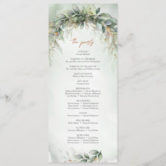 Overvloedig groen gebladerte gouden lijst bruiloft programmakaart (Achterkant)