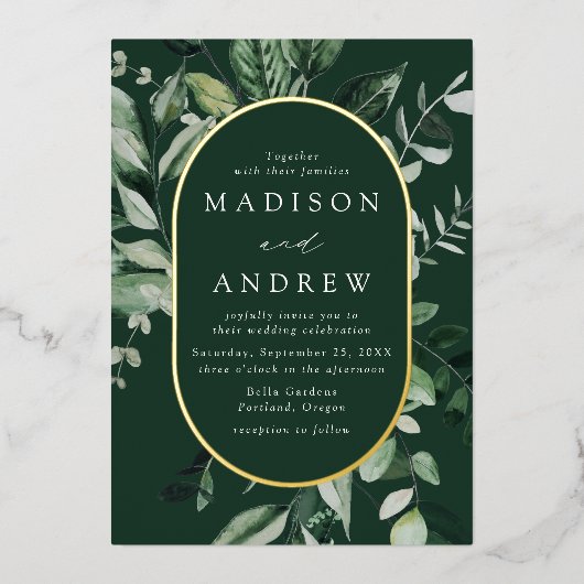 Overvloedig groen ovaal bruiloft Gold Folie Uitnodiging (Voorkant)