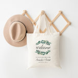 Overvloedige Canvas tas voor feestbruiloft<br><div class="desc">Welkom gasten op je bruiloft met deze botanische tassen met "welkom" in kalligrafiescript omringd door een grote botanische groenery en eucalyptusbladeren. "... tot onze blijdschap ooit daarna " verschijnt onder je naam en trouwdatum .</div>