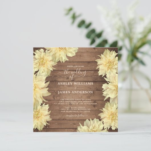 Overvloedige gele Dahlia bloem rustieke houten bru Kaart (Staand voorkant)