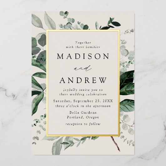 Overvloedige Greenery Cream en Gold Lijst Wedding Folie Uitnodiging (Voorkant)