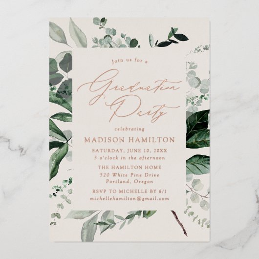Overvloedige Greenery Cream Graduation Party Folie Uitnodiging (Voorkant)