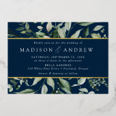 Overvloedige Greenery Navy Wedding Gold Folie Uitnodiging (Voorkant)