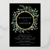 Overvloedige Greenery Wreath Black Wedding Gold Folie Uitnodiging (Voorkant)