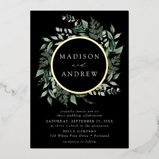 Overvloedige Greenery Wreath Black Wedding Gold Folie Uitnodiging (Voorkant)
