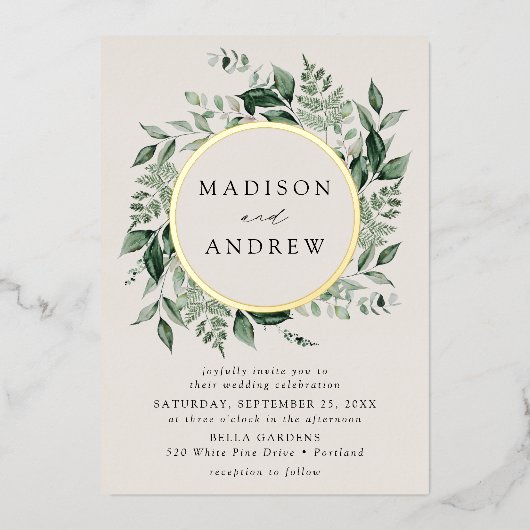 Overvloedige Greenery Wreath Cream Wedding Gold Folie Uitnodiging (Voorkant)