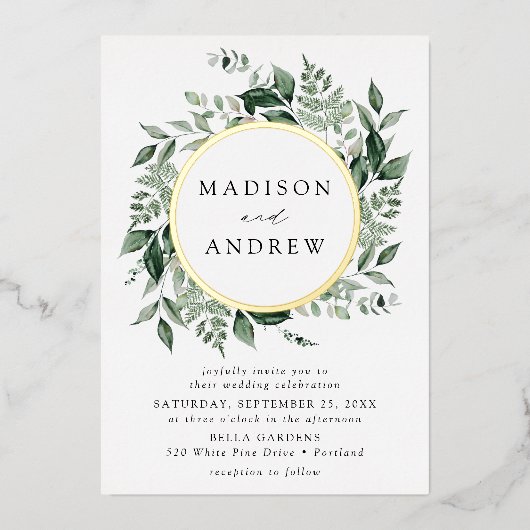 Overvloedige Greenery Wreath Wedding Gold Folie Uitnodiging (Voorkant)