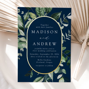 Overvloedige Griekse marine en gouden ovale bruilo Folie Uitnodiging