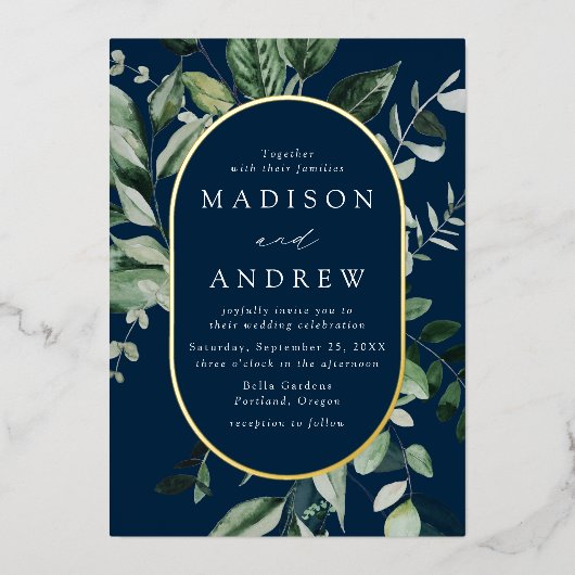 Overvloedige Griekse marine en gouden ovale bruilo Folie Uitnodiging (Voorkant)