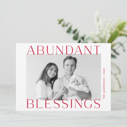 Overvloedige rode foto van zegengevingen feestdagenkaart (Staand voorkant)