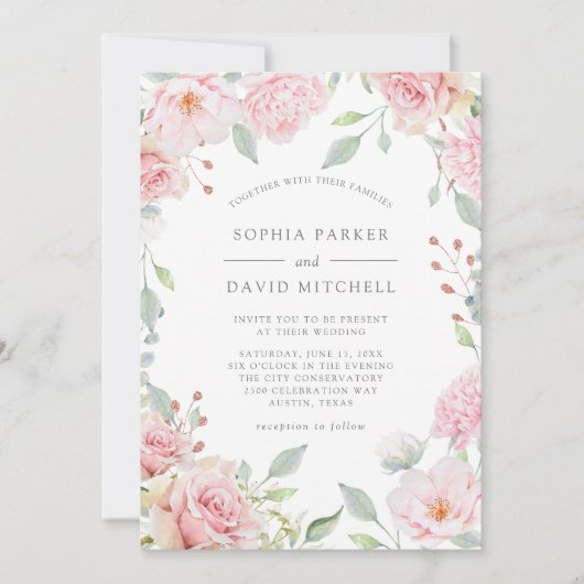 Overvloedige Rozen | Elegante roze bloemenbruiloft Kaart (Voorkant)