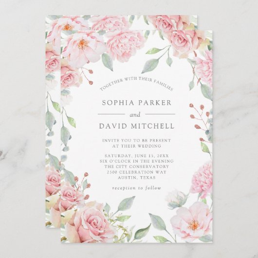 Overvloedige Rozen | Elegante roze bloemenbruiloft Kaart (Voorkant / Achterkant)