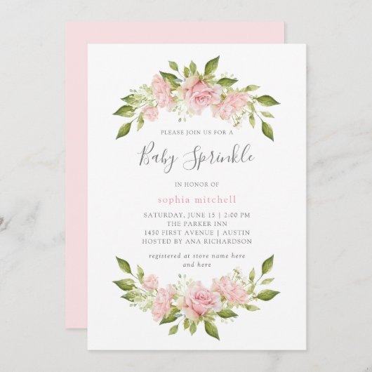 Overvloedige Rozen | Pink Floral Baby Sprinkle Kaart (Voorkant / Achterkant)