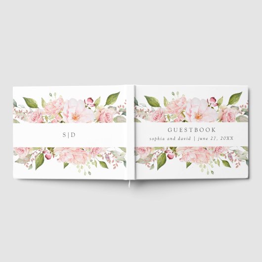 Overvloedige Rozen | Roze Bloemen Bruiloft op Wit Gastenboek (Volledig)