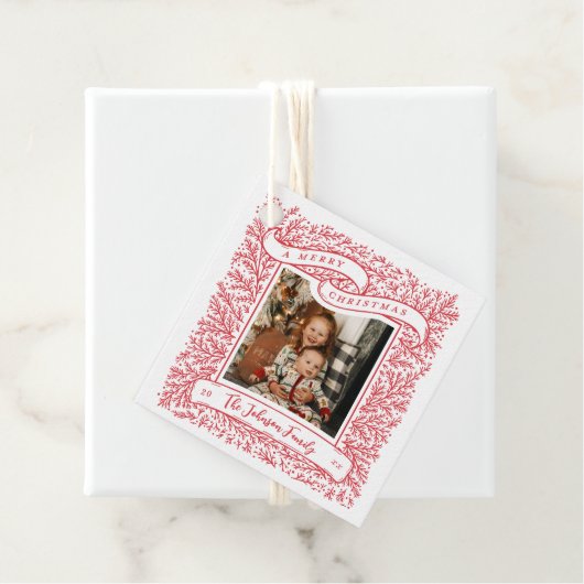 Overvloedige takken Rood en Wit Foto Kerstmis Bedankjes Labels (In situ)