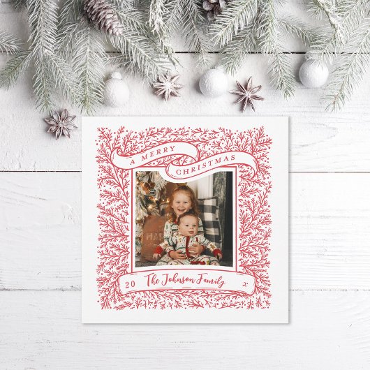 Overvloedige takken Rood en Wit Foto Kerstmis Feestdagenkaart