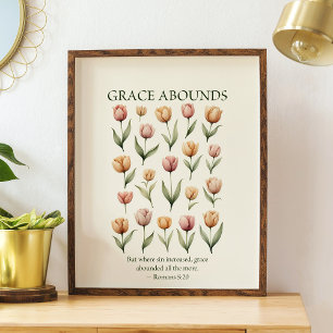 Overvloeiende genade bloemige christelijke wandkun poster