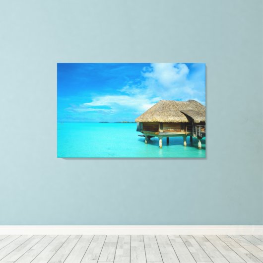Overwater bungalow op Bora Bora canvas print (Insitu (Houten vloer))