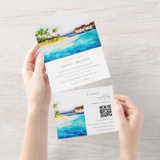 Overwater Villa Seascape Beach Weddenschap QR Code All In One Uitnodiging (Afscheurbaar)