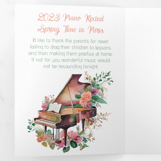 Overweging van Brown Baby Grand Piano Drieluik Programma (Binnenzijde eerst)