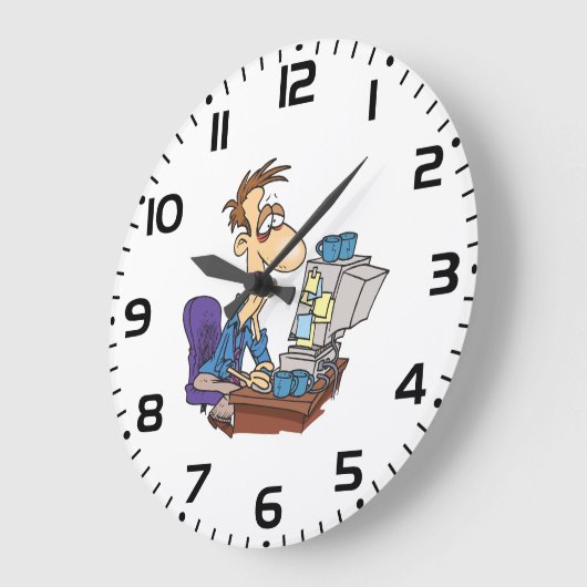 Overwerkte kantoormedewerker grappige vermoeide we grote klok (Hoek)