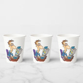 Overwerkte kantoormedewerker grappige vermoeide we papieren bekers