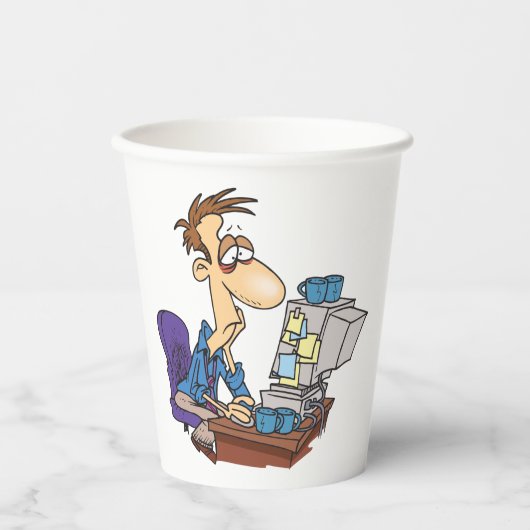 Overwerkte kantoormedewerker grappige vermoeide we papieren bekers (Voorkant)