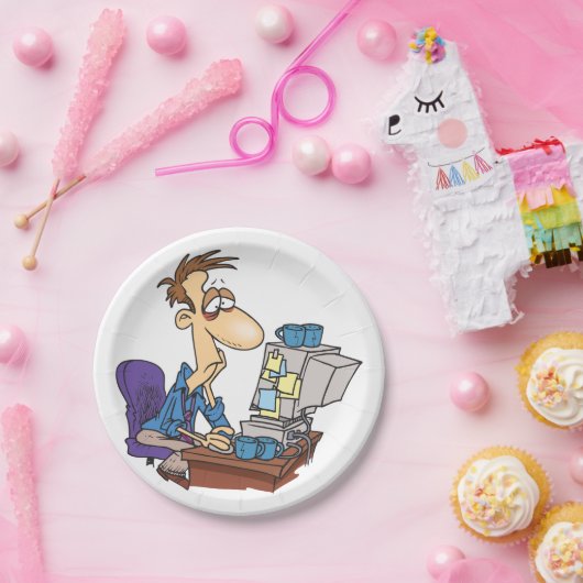Overwerkte kantoormedewerker grappige vermoeide we papieren bordje (Feest)