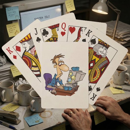 Overwerkte Kantoormedewerker Grappige Vermoeide We Pokerkaarten