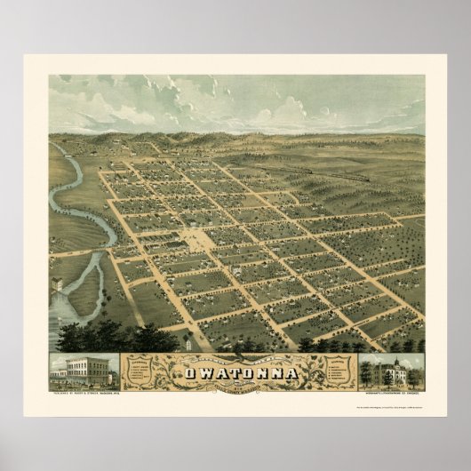 Owatonna, MN Panorama Map - 1870 Poster (Voorkant)