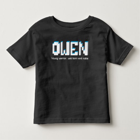 Owen boys naam en betekenis pixels tekst kinder shirts (Voorkant)