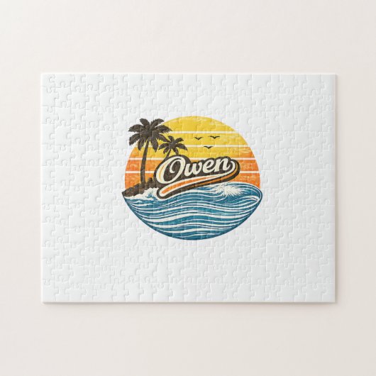 Owen Retro Zonsondergang Naam Design Legpuzzel (Horizontaal)