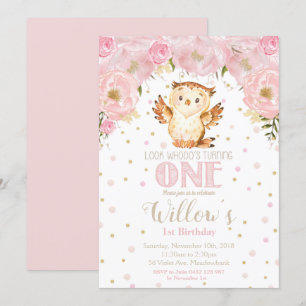 Owl 1e verjaardag Uitnodiging Blush Floral Girl