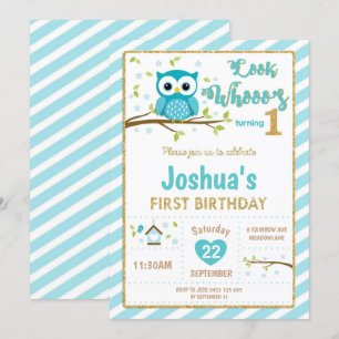 Owl 1st Birthday Invitation Boy Turquoise en Gold Kaart
