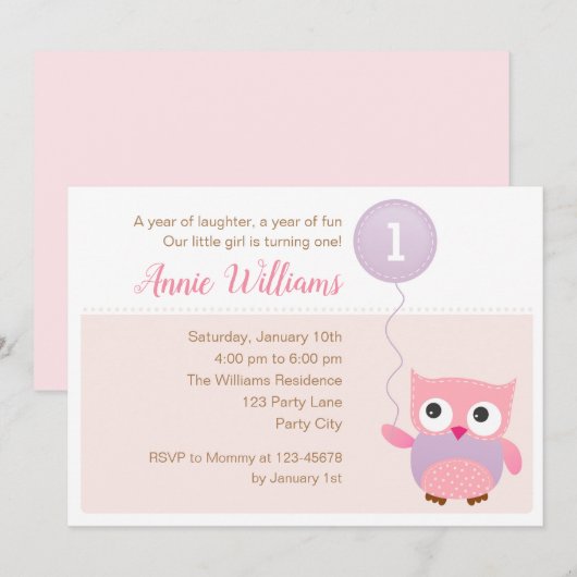 Owl 1st Birthday Invitations (Meisjes) met ballon Kaart (Voorkant / Achterkant)