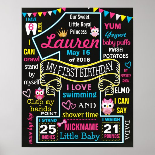 Owl 1st Birthday Party Chalkboard Sign poster (Voorkant)