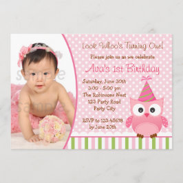 Owl 1st Birthday Uitnodiging met Foto voor Meisjes