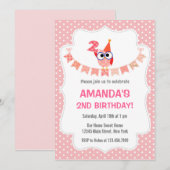 Owl 2e verjaardag Uitnodiging zoete roze (Voorkant / Achterkant)