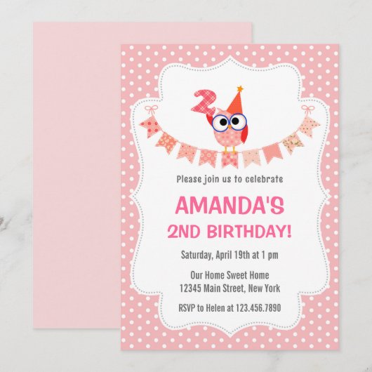 Owl 2e verjaardag Uitnodiging zoete roze (Voorkant / Achterkant)