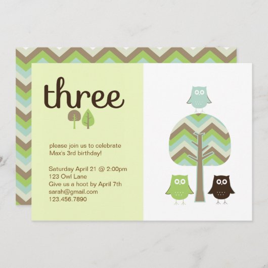Owl 3rd Birthday Invitation Kaart (Voorkant / Achterkant)