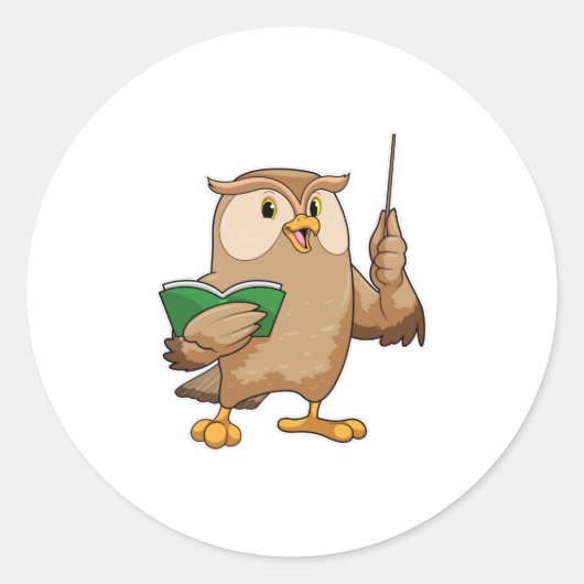 Owl als leraar met boek en wijzer ronde sticker (Voorkant)
